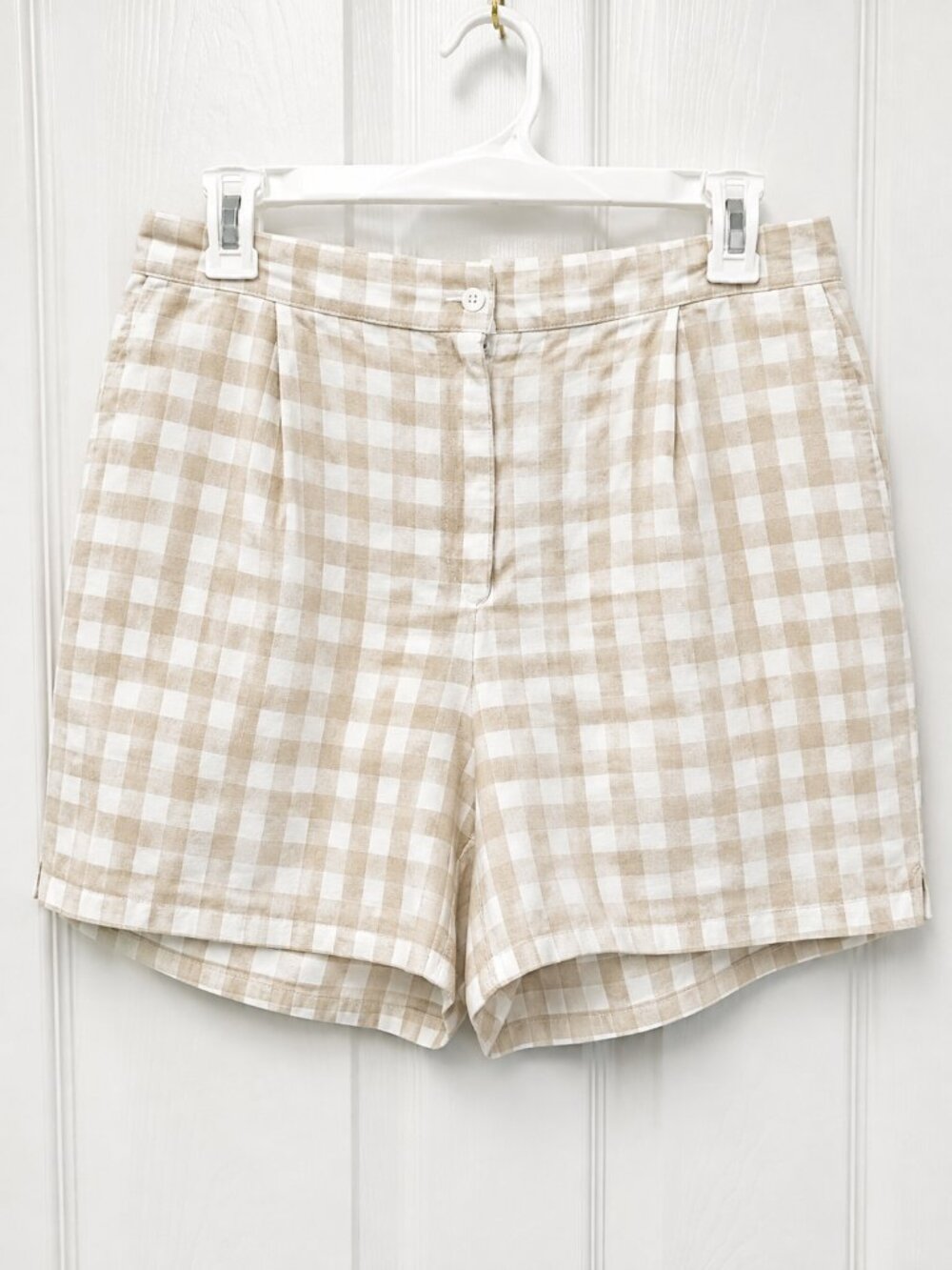 NWT Laura Ashley Women’s L 100% Linen Gingham Shorts Beige Cottagecore